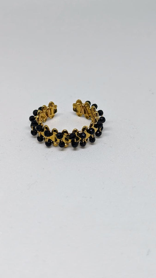 Bague femme ajustable en acier inoxydable et pierres noires