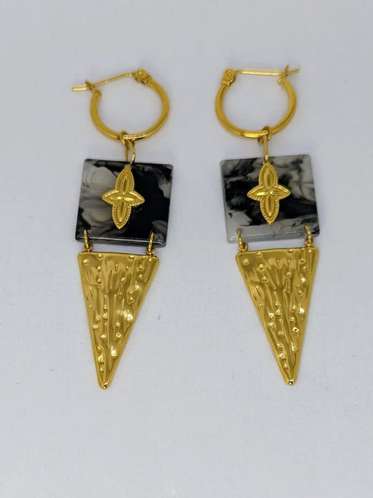 Boucles d'oreilles en acier inoxydable et pierre en résine marbré grise