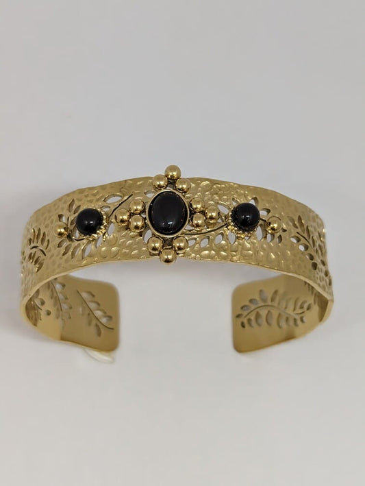 Bracelet femme en acier inoxydable doré  tendance orné de pierres naturelles noires.